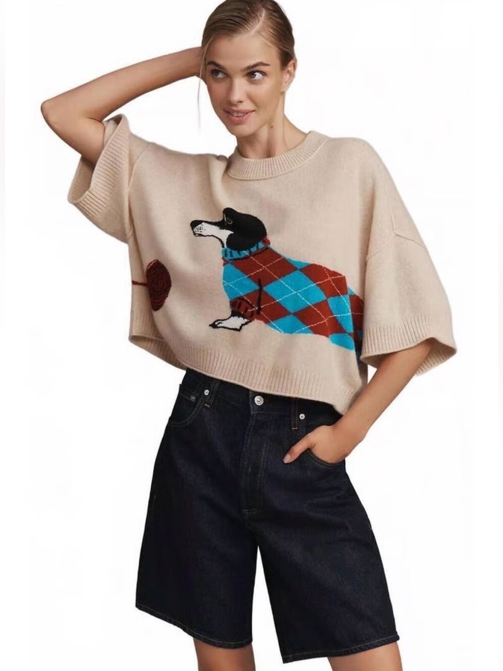New Anthropologie The Goldie Crew-Neck Cashmere Sweater Red Dachshund